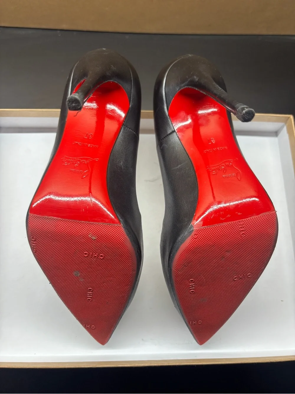 Christian Louboutin Black Leather Pointed Toe Stiletto Pumps with Red Soles